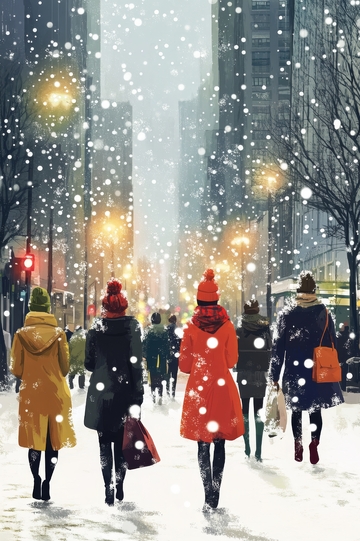 雪夜街头行人漫步