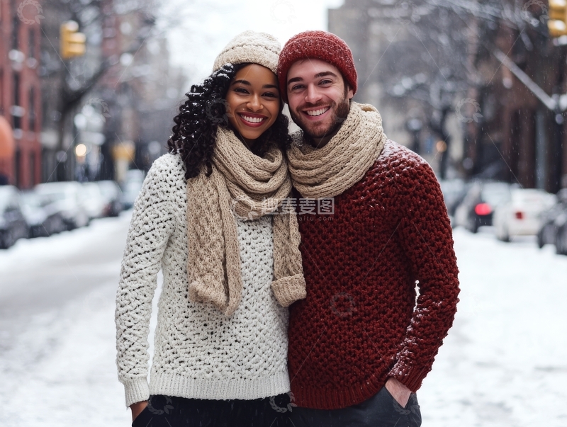 高清大图下载【趣麦麦图】冬日街头的温暖情侣