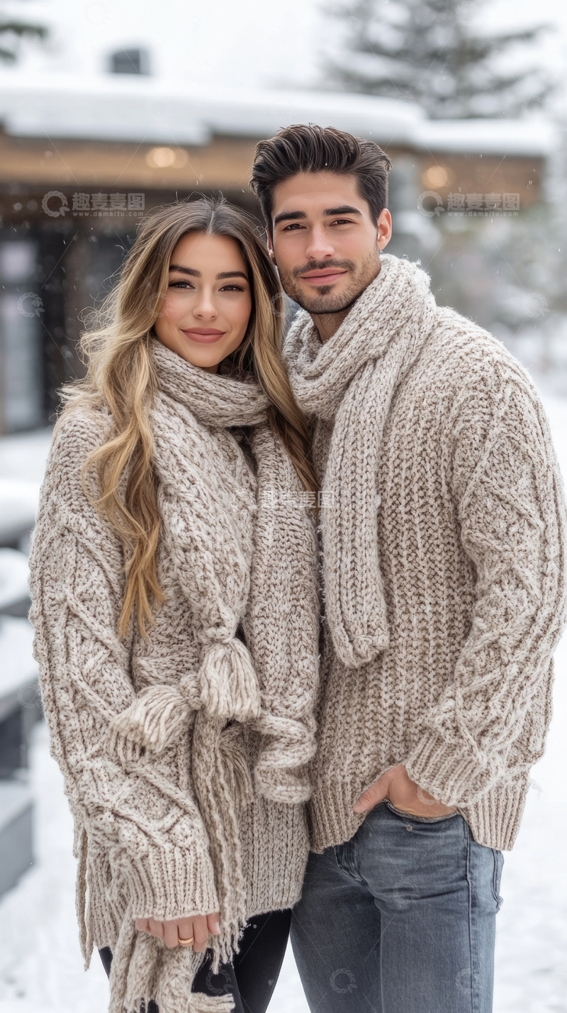 高清大图下载【趣麦麦图】雪景中穿着毛衣的情侣