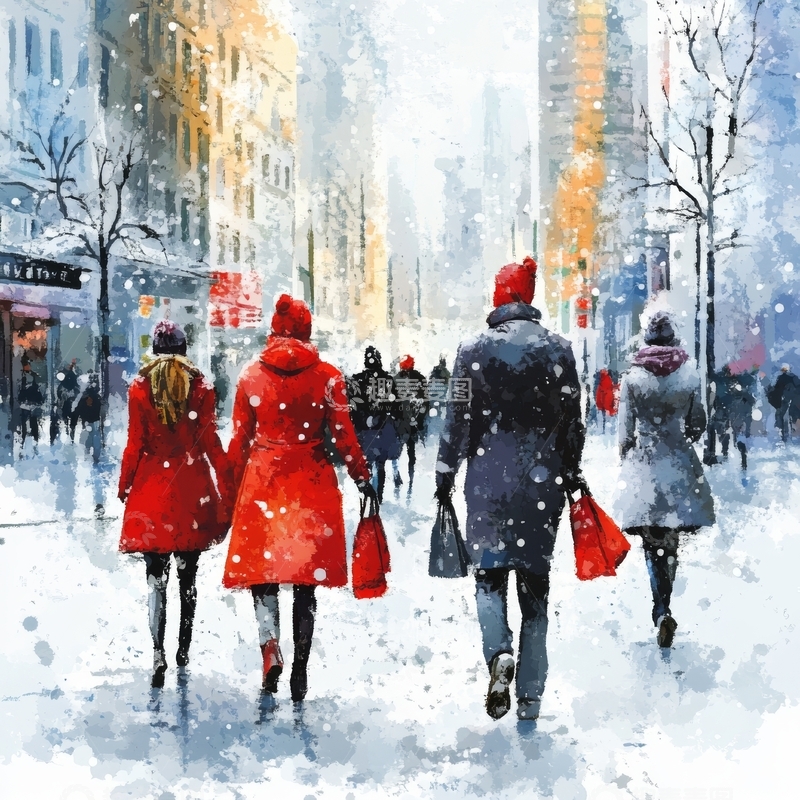 高清大图下载【趣麦麦图】冬日街头行人漫步
