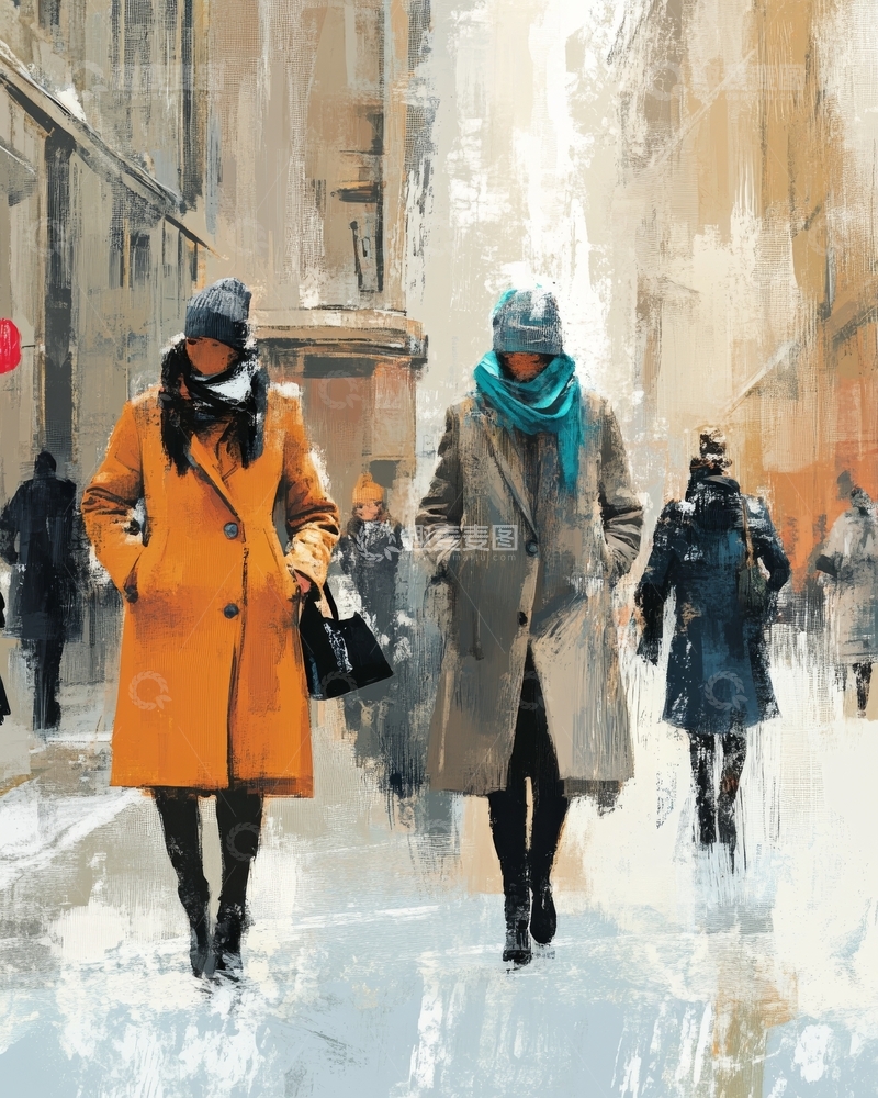 高清大图下载【趣麦麦图】冬日街头行人漫步