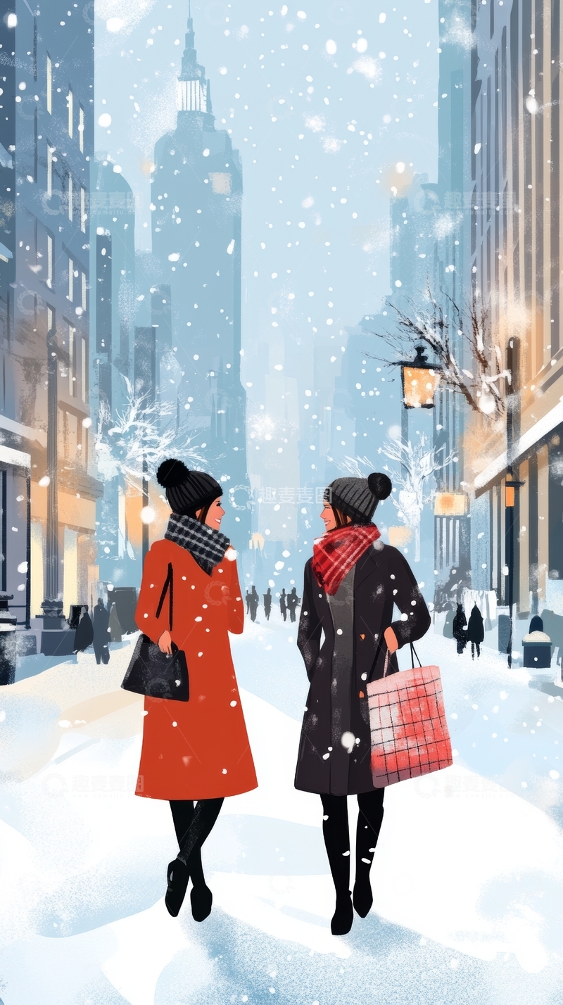 高清大图下载【趣麦麦图】冬日街头的两位行人