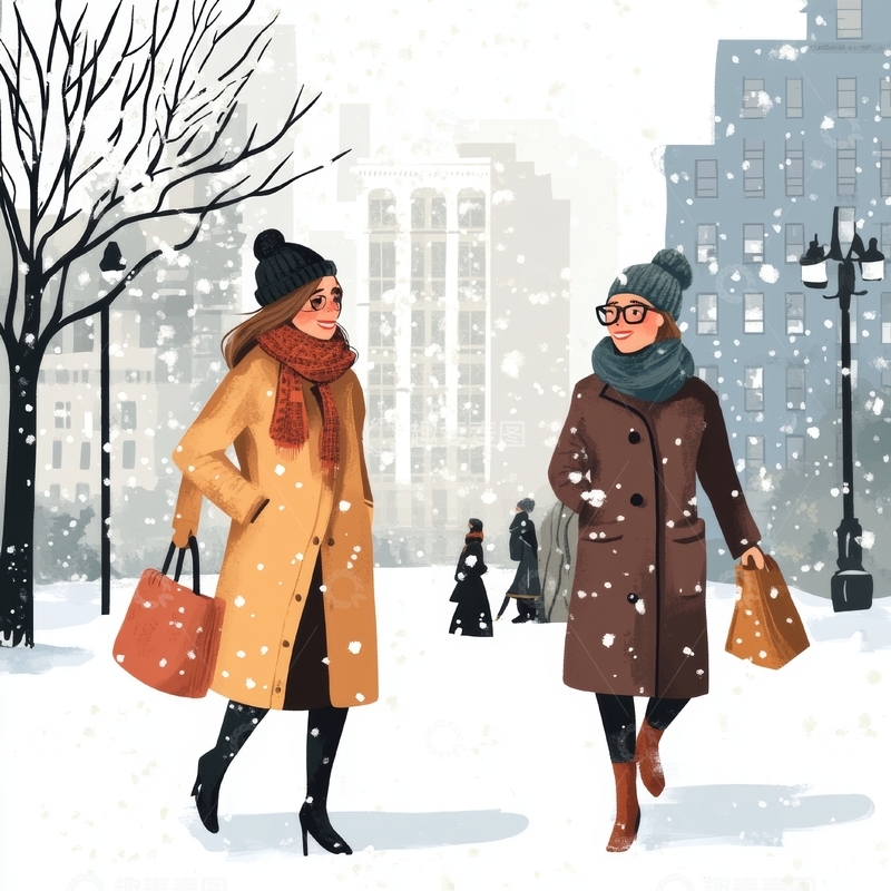 高清大图下载【趣麦麦图】冬日街头，两位女性悠闲漫步