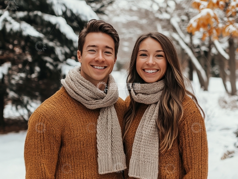 高清大图下载【趣麦麦图】冬日雪景中的温暖情侣