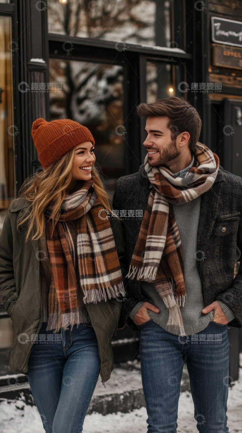 高清大图下载【趣麦麦图】冬日街头，情侣共赏雪景