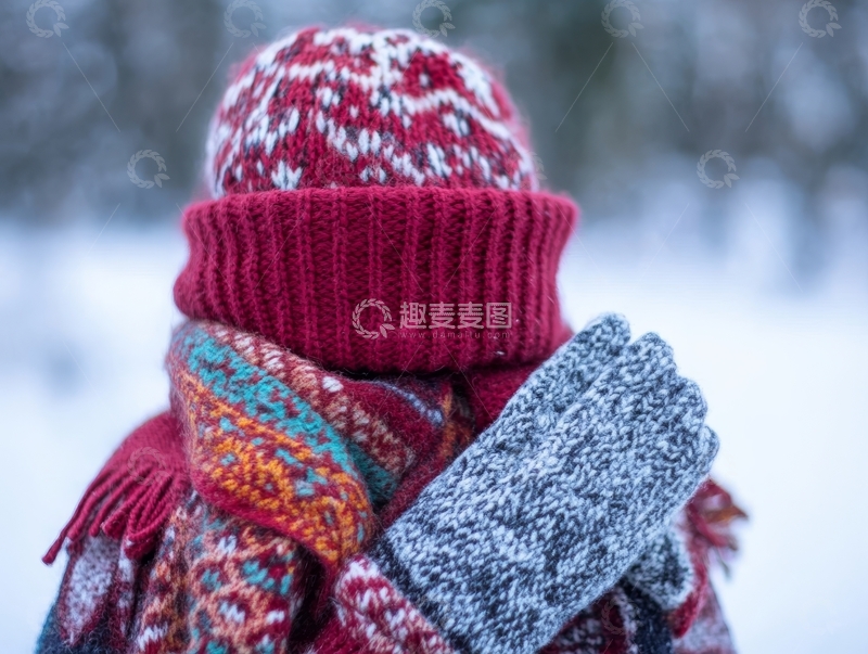 高清大图下载【趣麦麦图】冬日雪景中的人穿着保暖衣物