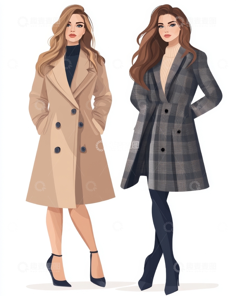 高清大图下载【趣麦麦图】两位女性身着时尚大衣的插画