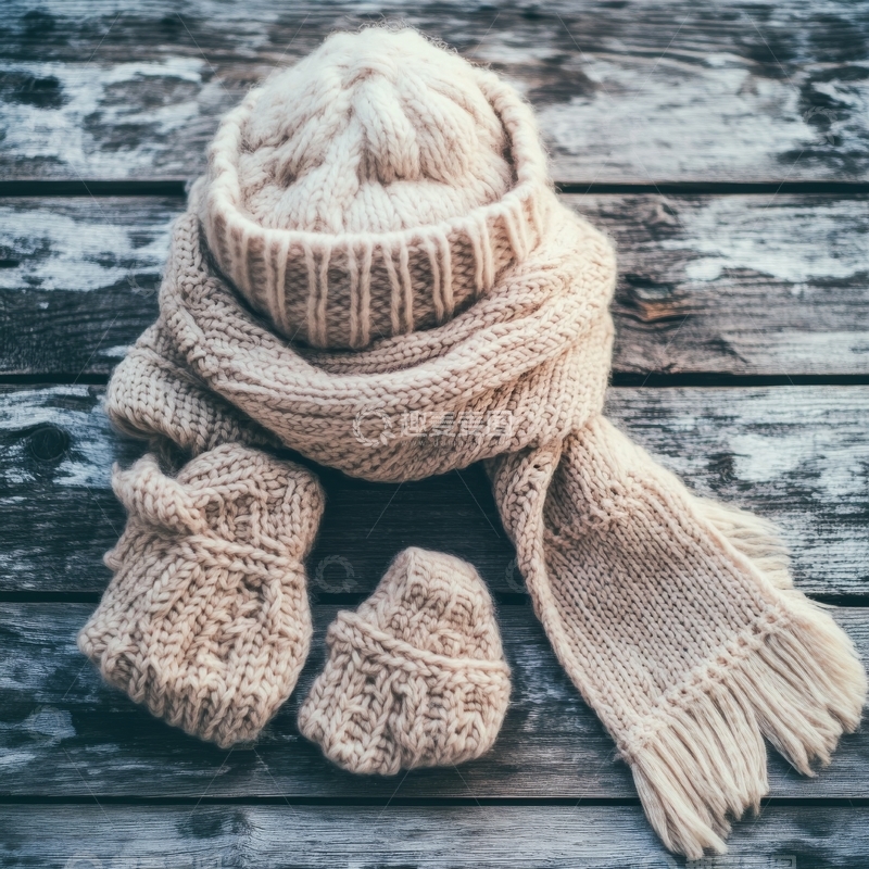 高清大图下载【趣麦麦图】米色针织帽、围巾和手套的组合