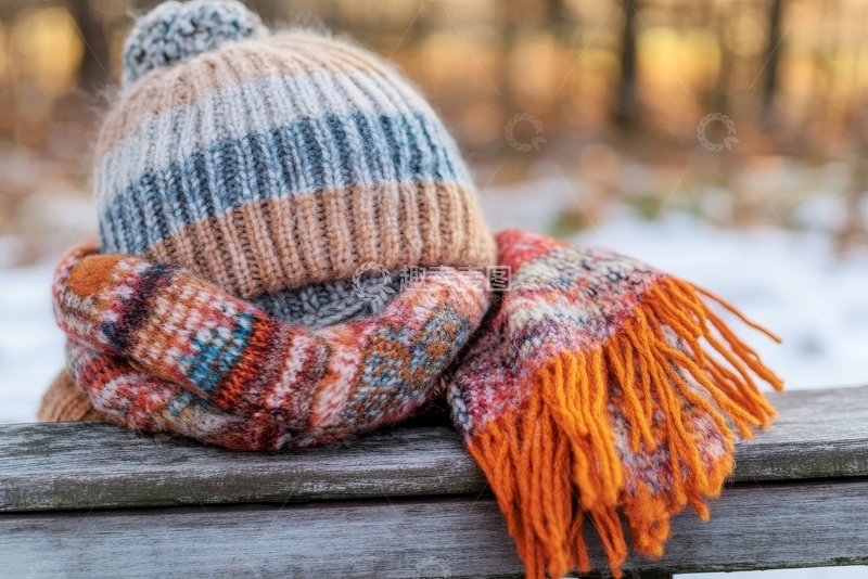 高清大图下载【趣麦麦图】冬季针织帽与围巾置于木凳上