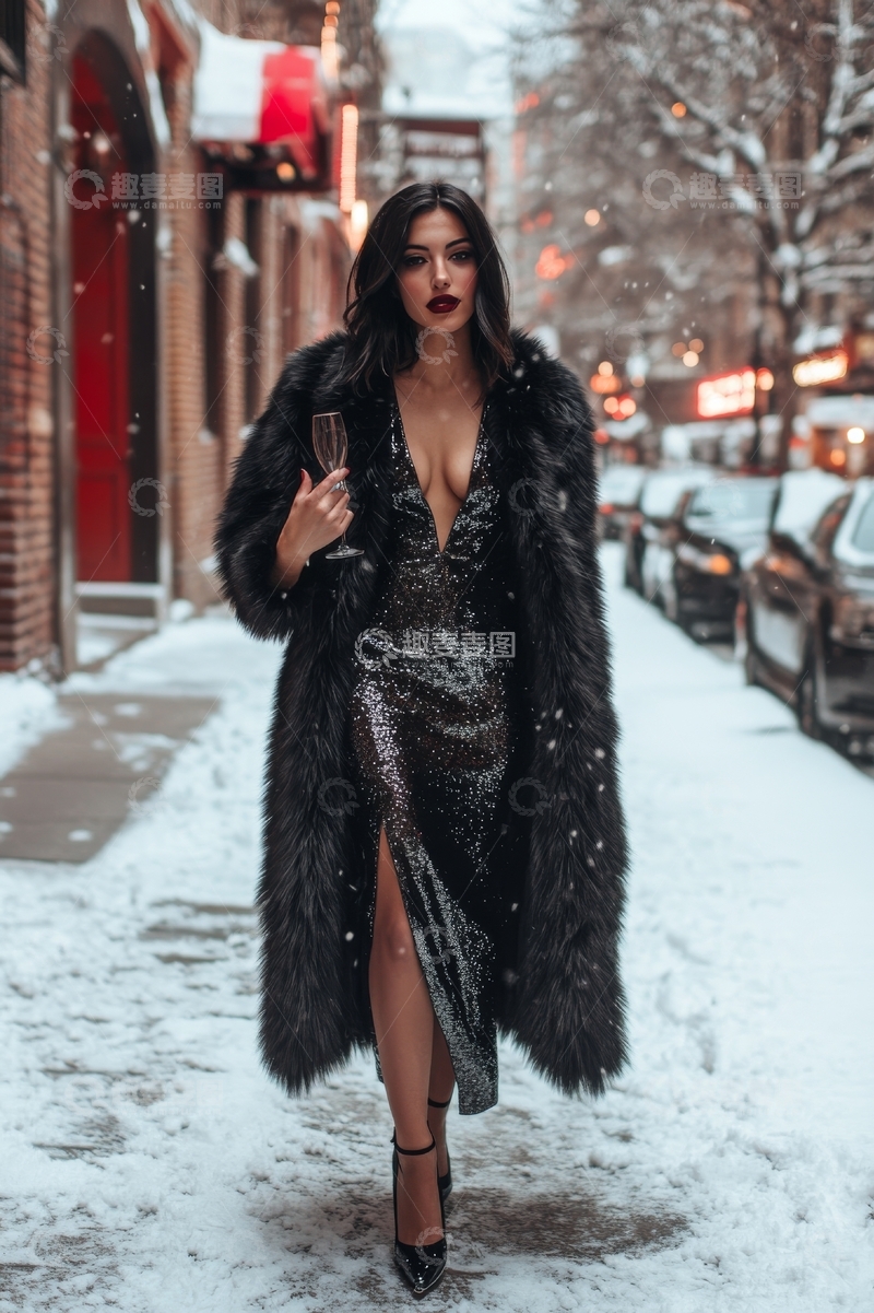 高清大图下载【趣麦麦图】雪夜街头，优雅女性手持酒杯