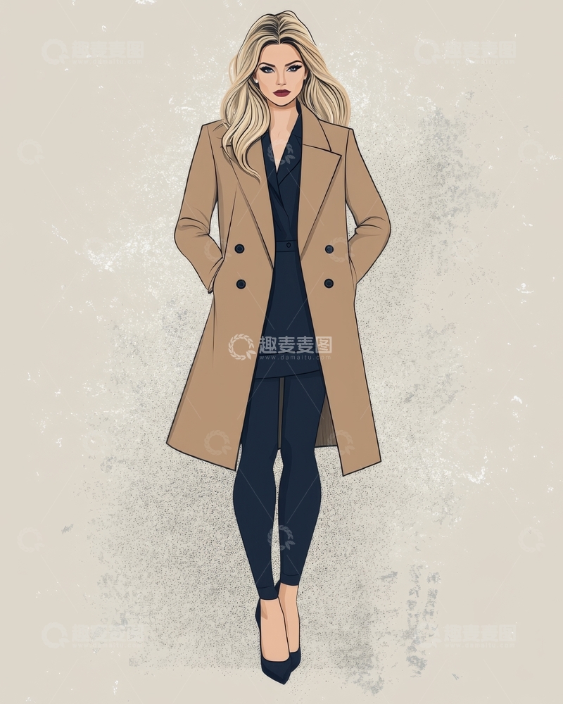 高清大图下载【趣麦麦图】时尚女性穿着长款风衣的插画