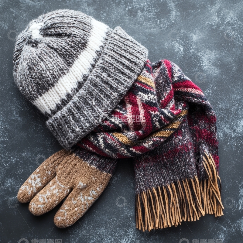 高清大图下载【趣麦麦图】-冬季保暖装备：帽子、围巾与手套