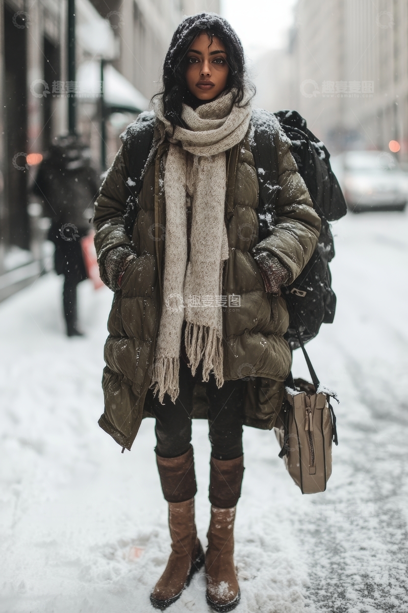 雪中行走的女子，穿着厚实冬装