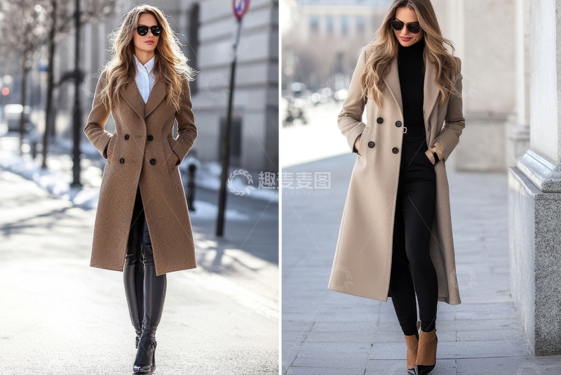 高清大图下载【趣麦麦图】冬季街头时尚：长款大衣搭配