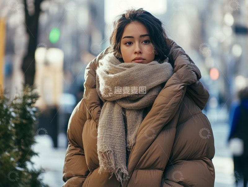 高清大图下载【趣麦麦图】冬日街头，女子裹紧厚实羽绒服