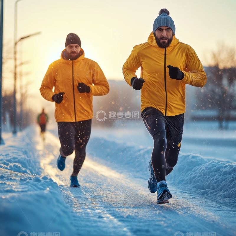 高清大图下载【趣麦麦图】冬日雪地两人跑步