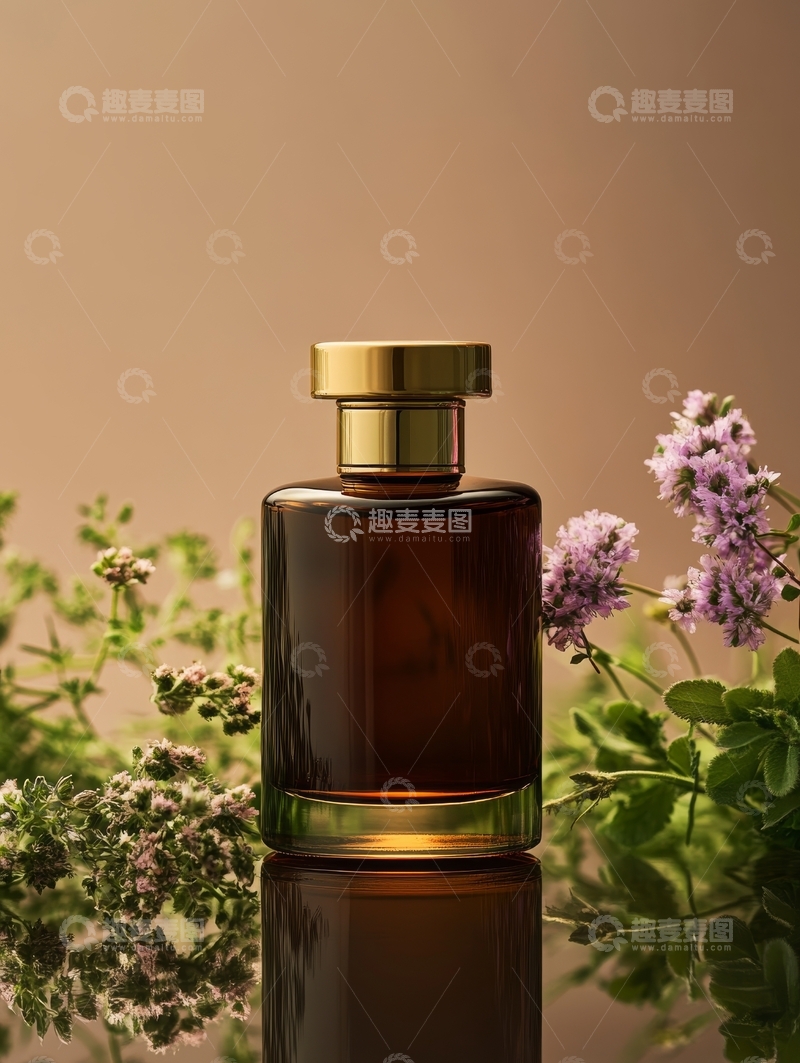 高清大图下载【趣麦麦图】琥珀色香水瓶与紫色花朵