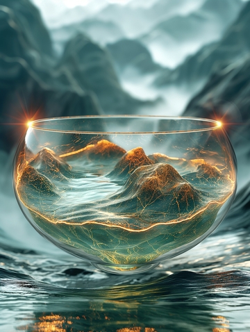悬浮玻璃球中的奇幻山景