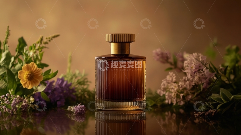 高清大图下载【趣麦麦图】琥珀色香水瓶与花卉静物
