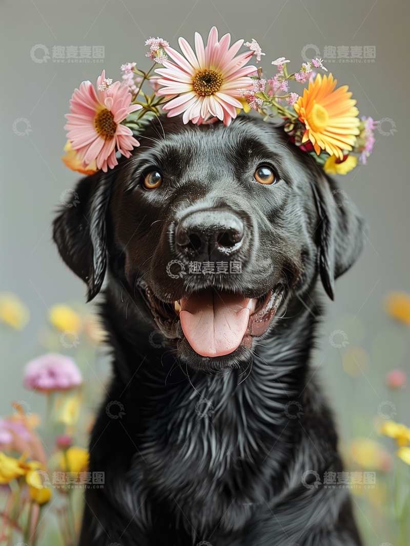 高清大图下载【趣麦麦图】戴着花环的黑色狗狗