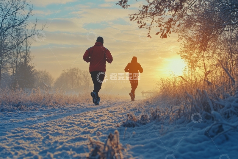 高清大图下载【趣麦麦图】冬日晨跑，阳光下的剪影