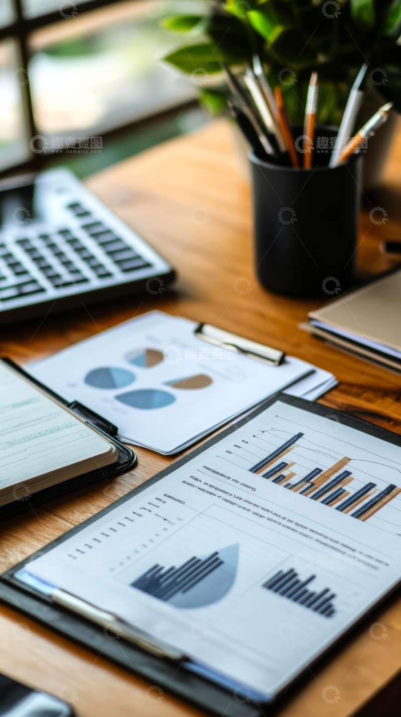 高清大图下载【趣麦麦图】办公桌上的财务报表与分析图表