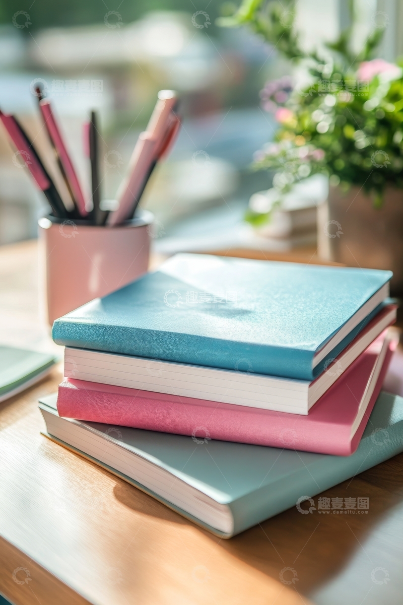 高清大图下载【趣麦麦图】书桌上的彩色笔记本和笔筒
