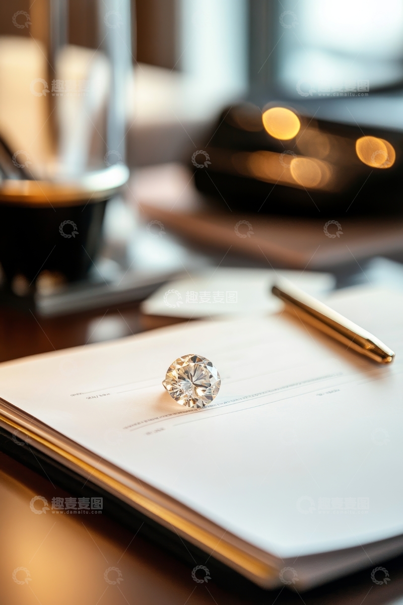高清大图下载【趣麦麦图】钻石戒指置于文件之上，笔旁静候签署