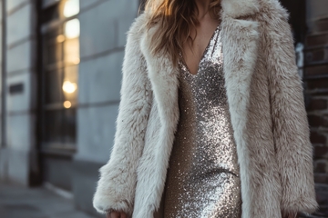 银色亮片连衣裙搭配毛绒外套