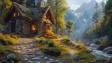 山间石屋，晨光初照