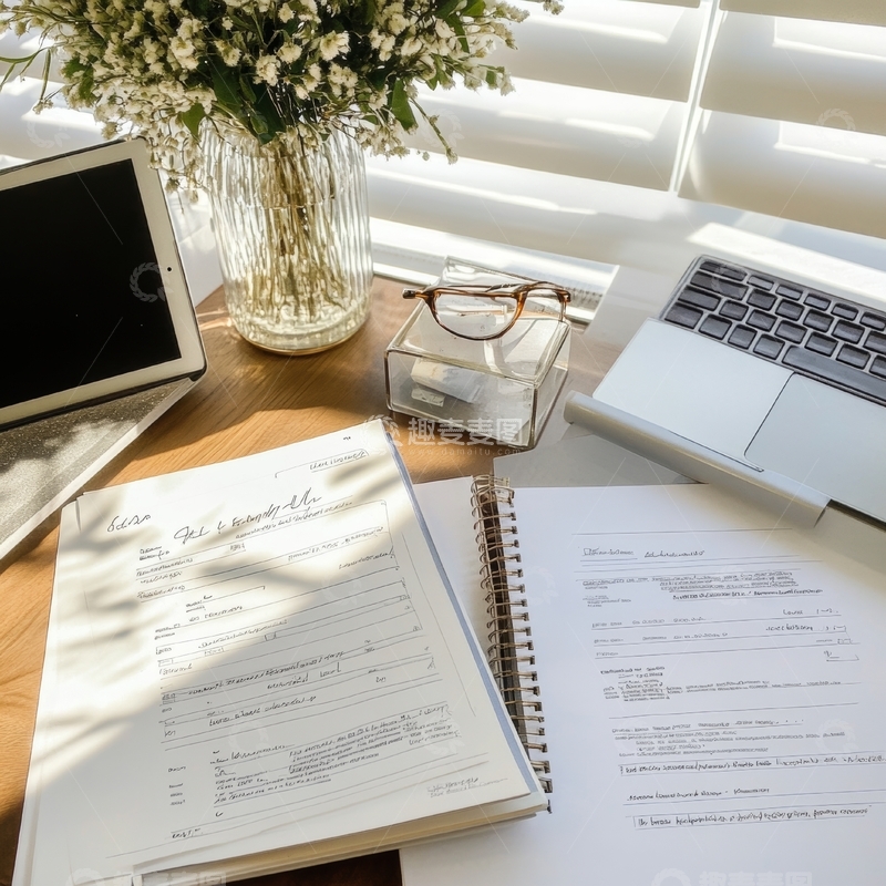 高清大图下载【趣麦麦图】-办公桌上的文件与笔记本电脑