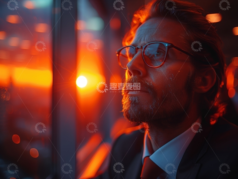 高清大图下载【趣麦麦图】戴眼镜的男子在温暖灯光下沉思