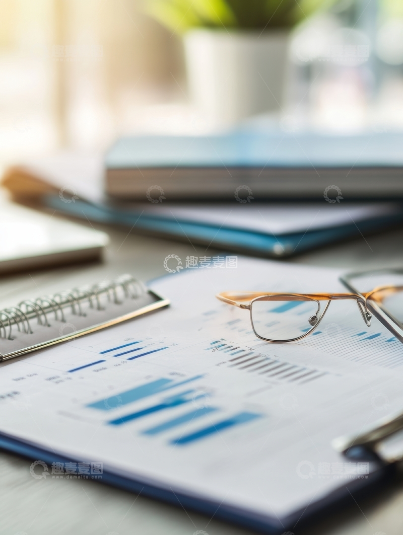 高清大图下载【趣麦麦图】办公桌上的财务报表与眼镜