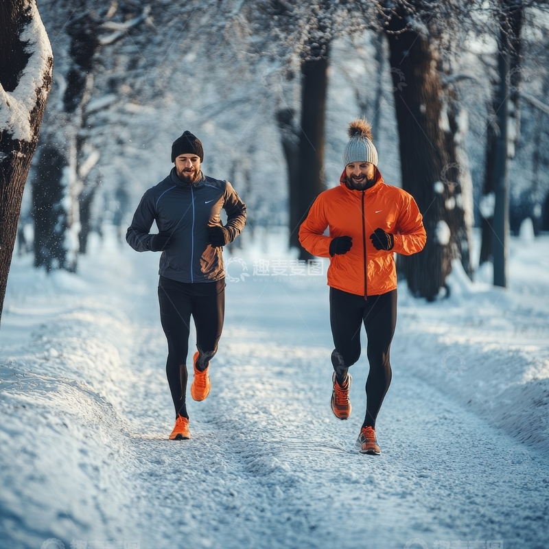 高清大图下载【趣麦麦图】冬日雪景中两人跑步
