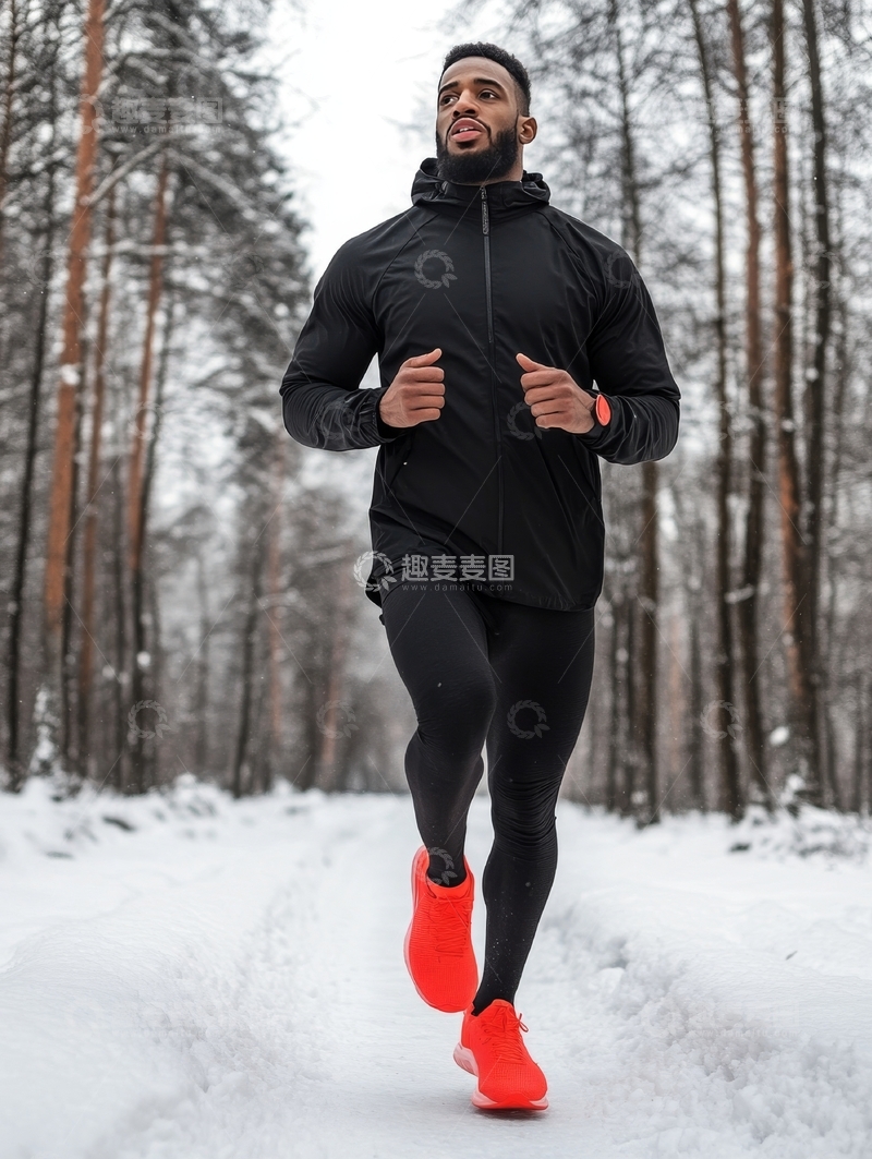 高清大图下载【趣麦麦图】冬季森林中跑步的男子