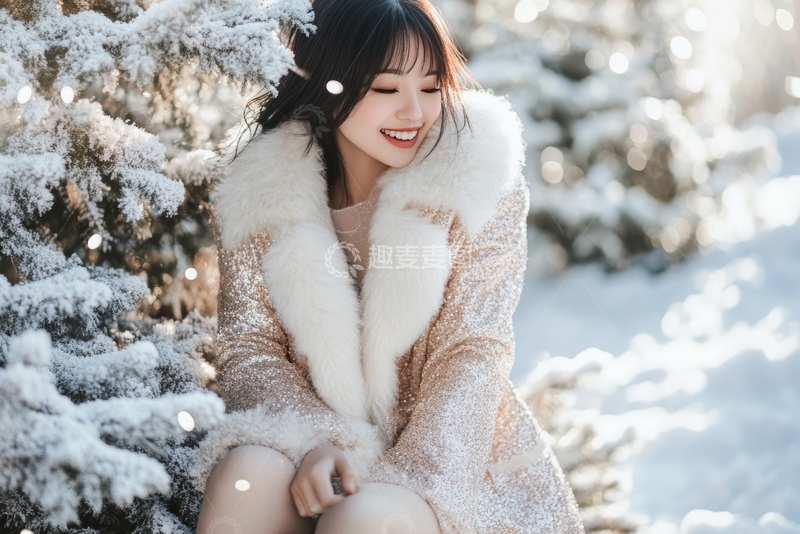 高清大图下载【趣麦麦图】雪地中的女子，身披毛绒外套
