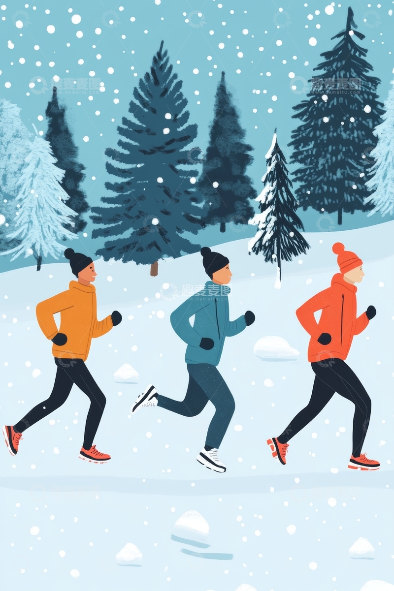 高清大图下载【趣麦麦图】冬日雪景中三人跑步