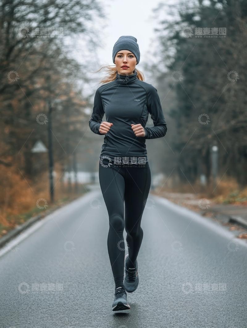 高清大图下载【趣麦麦图】女子在秋日林间小道上跑步