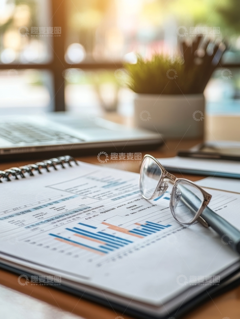 高清大图下载【趣麦麦图】办公桌上的财务报表与眼镜