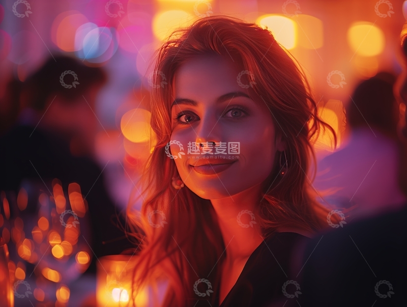 高清大图下载【趣麦麦图】温暖灯光下的微笑女子