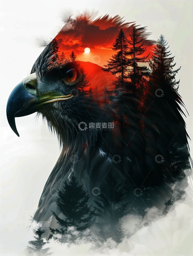高清大图下载【趣麦麦图】鹰首森林剪影，夕阳映照