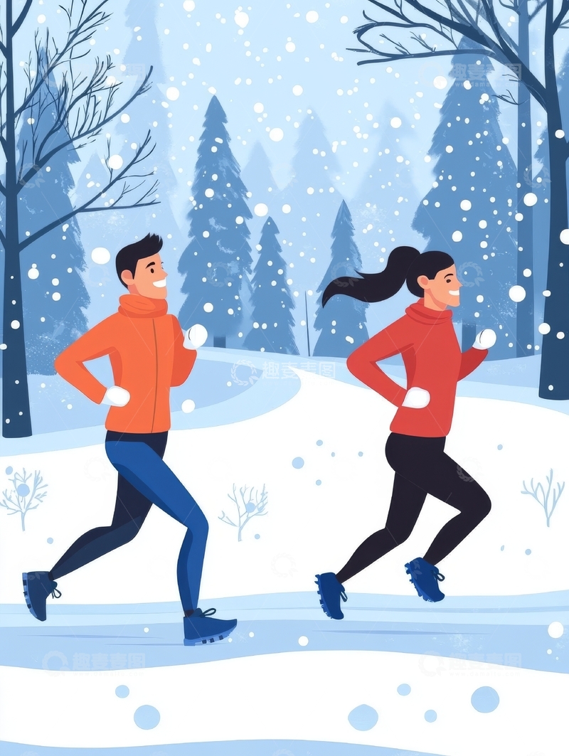高清大图下载【趣麦麦图】冬日雪景中两人跑步