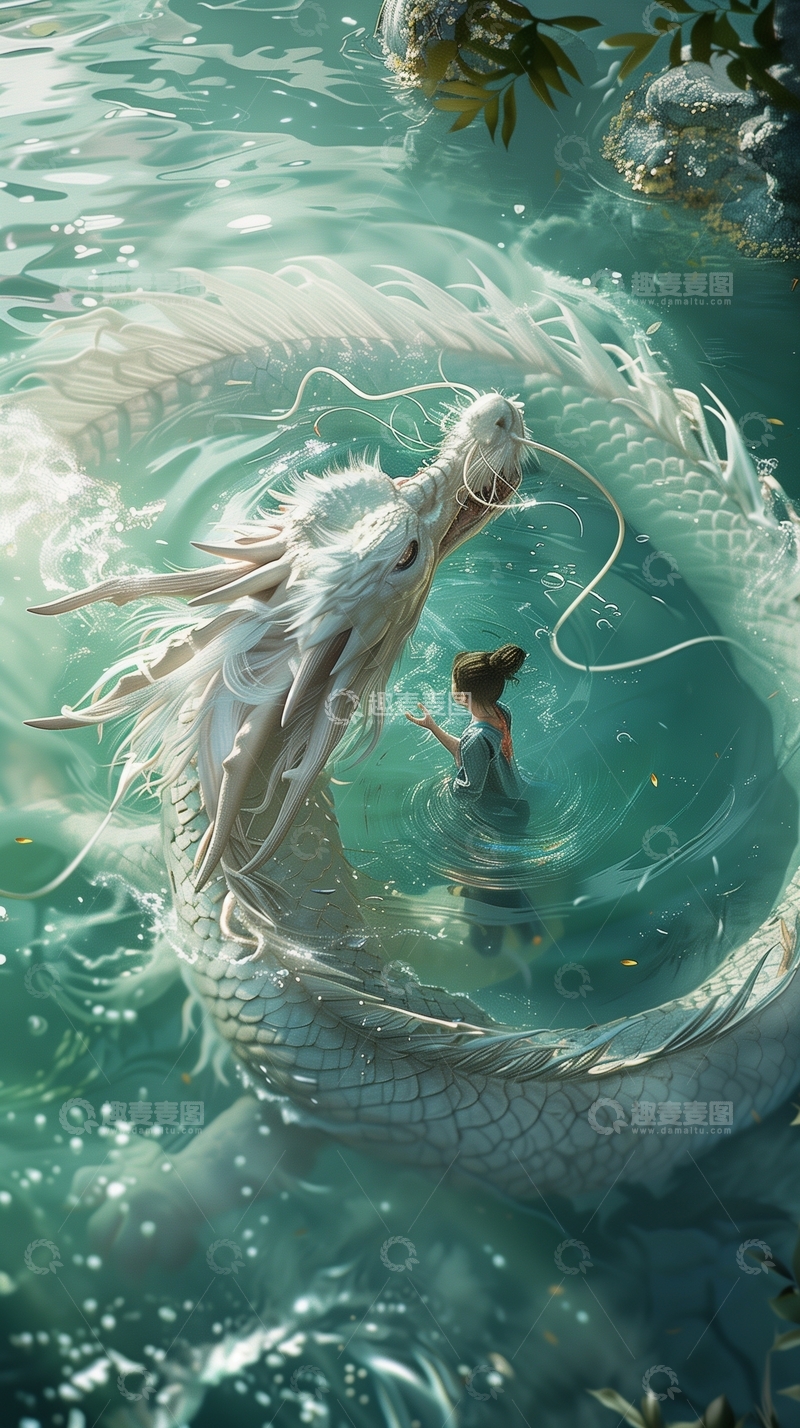 高清大图下载【趣麦麦图】水中少女与巨龙的和谐共舞