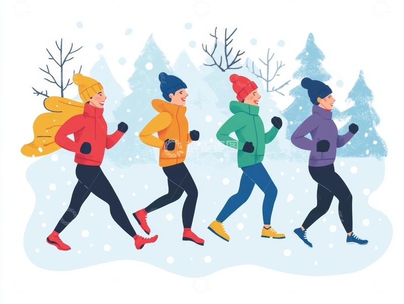 高清大图下载【趣麦麦图】冬季户外跑步的四人