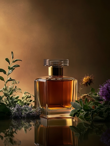 琥珀色香水瓶与花卉静物