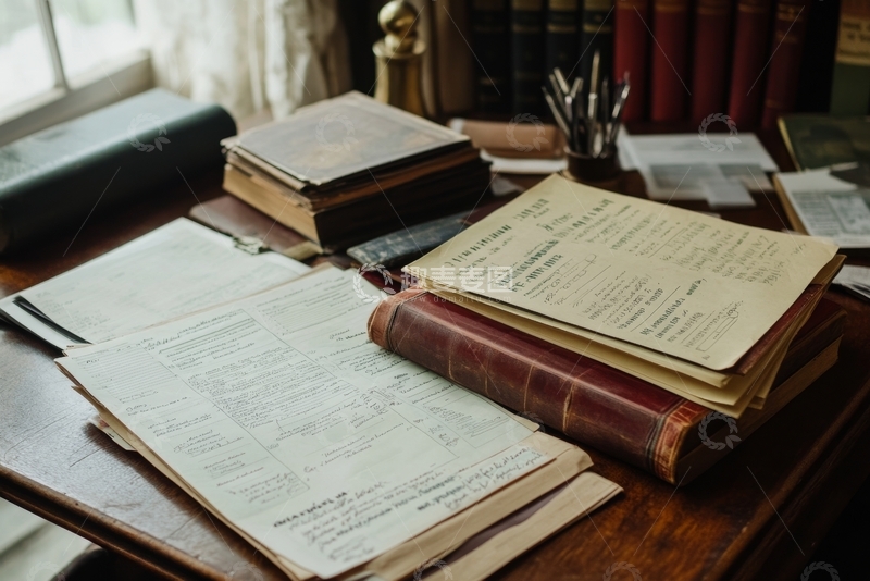 高清大图下载【趣麦麦图】书桌上的旧书与文件