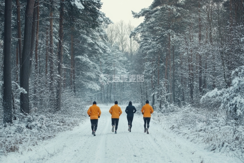 高清大图下载【趣麦麦图】冬日雪林中四人行走