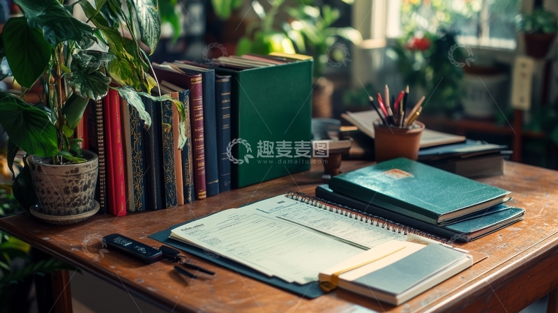 高清大图下载【趣麦麦图】书桌上的文具与绿植