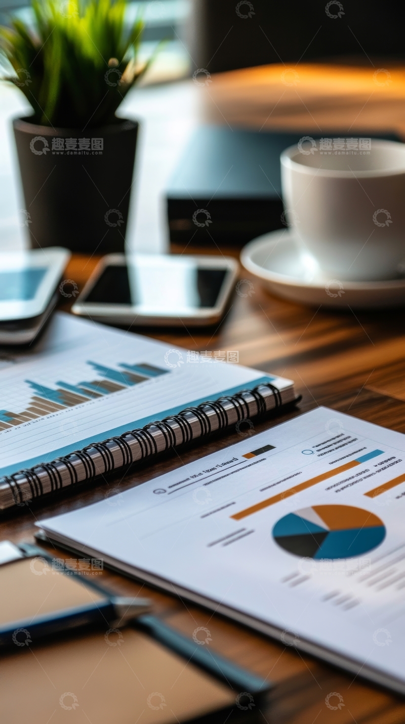 高清大图下载【趣麦麦图】办公桌上的数据分析图表与咖啡杯