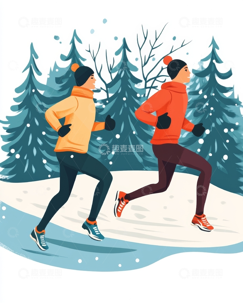 高清大图下载【趣麦麦图】冬日雪地两人跑步